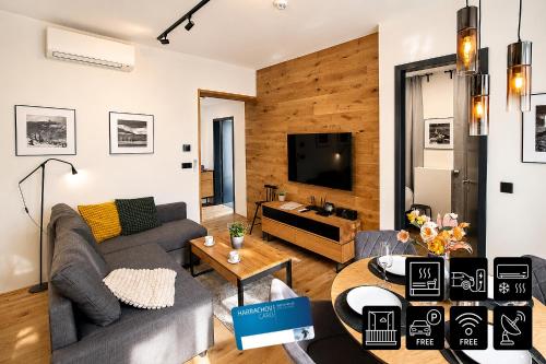 a living room with a couch and a tv at ENJOYHARRACHOV - Atraktivní slunný klimatizovaný apartmán 24 v centru Harrachova s velkou terasou, saunou, parkováním, Wifi-WLAN, SAT, herní konzolí, Netflix zdarma a možností dobíjení auta jen 150m od lanovky in Harrachov
