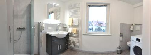 a bathroom with a sink and a toilet and a window at Haus Steinmeyer in Bad Pyrmont