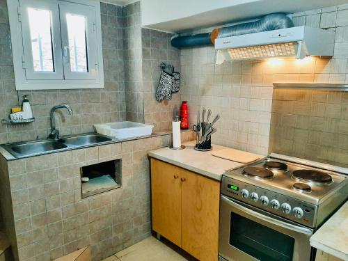 a kitchen with a sink and a stove at Seafront Villa, Fay in Kardamyli