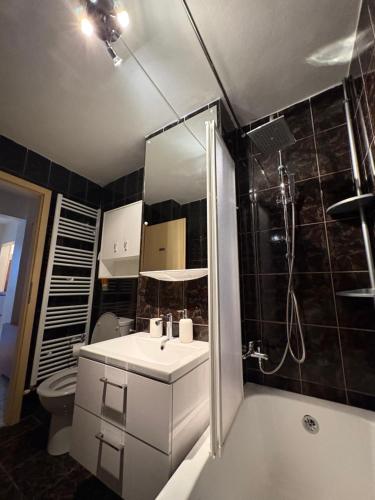 a bathroom with a sink and a shower and a toilet at Sweet Home in Ocna-Mureşului