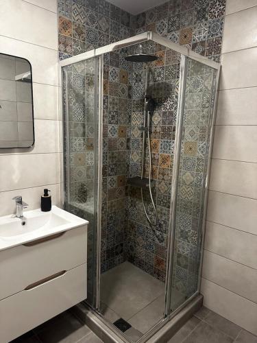 a shower in a bathroom with a sink at Letsios Steel3 in Kalabaka