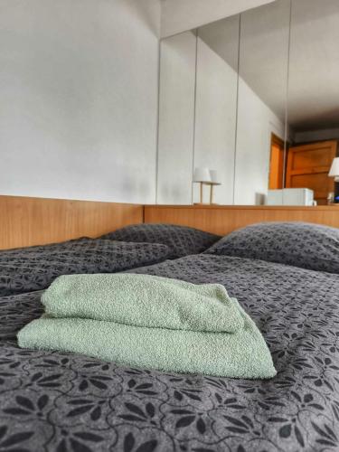 a bed with two green pillows on top of it at Sokolovna in Bohumín