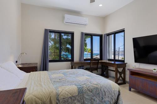 a bedroom with a bed and a flat screen tv at Ocean View Studio Near Los Barriles in Buenavista