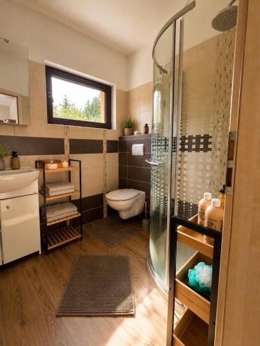a bathroom with a shower and a toilet and a sink at Wellspace Forest Retreat in Karlovy Vary