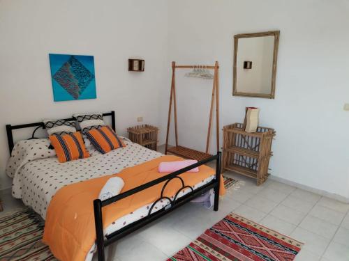 a bedroom with a bed and a mirror on the wall at Maison aux Jarres in Midoun