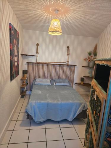 a bedroom with a bed and a chandelier at Moriani Plage San-Nicolao Les Marines de Moriani in San-Nicolao