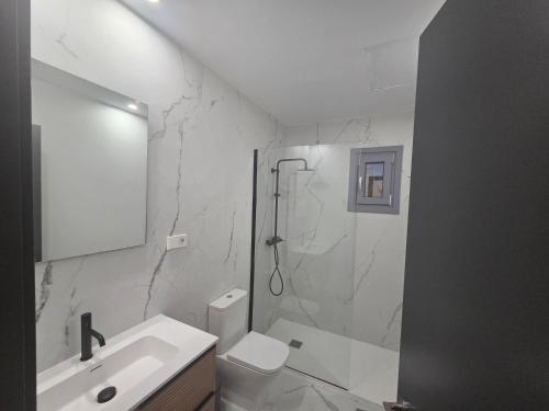a white bathroom with a shower and a sink at Plaza España AT in Alcazar de San Juan