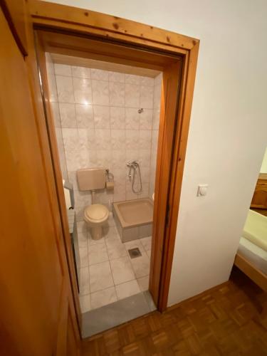 a small bathroom with a toilet and a shower at Estrada Cazin in Ostrožac