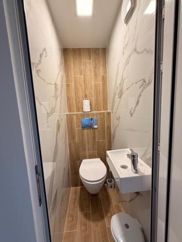 a small bathroom with a toilet and a sink at Sunrise Panorama Apartment in Bŭnzareto