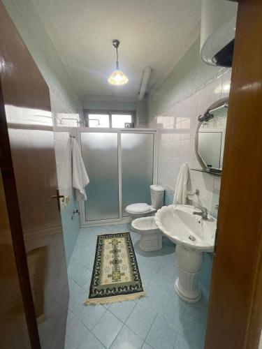 a bathroom with a shower and a sink and a toilet at Dedi Apartment 2 in Shkodër