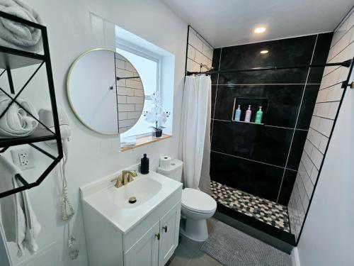 a bathroom with a sink and a toilet and a mirror at Cozy Full Home Experience in Tampa