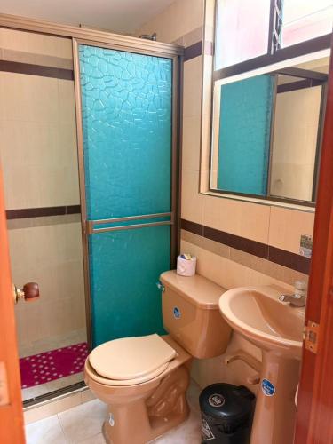 a bathroom with a toilet and a shower and a sink at Hotel Manhattan City in Duitama