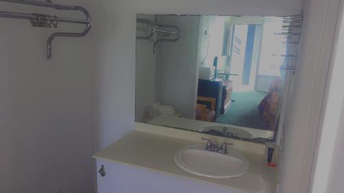 a bathroom with a sink and a mirror at SPRINGWOOD HOTEL, Opelika I-85 Columbus Pkwy in Opelika