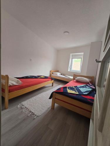 a bedroom with two beds and a rug at Rina House in Žabljak