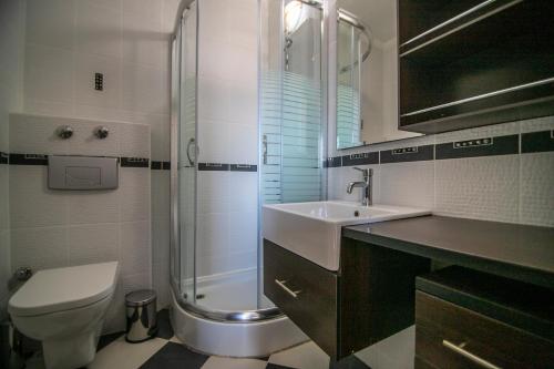 a bathroom with a sink and a shower and a toilet at Villa Stone Bodrum - Private Pool & Garden in Bodrum City