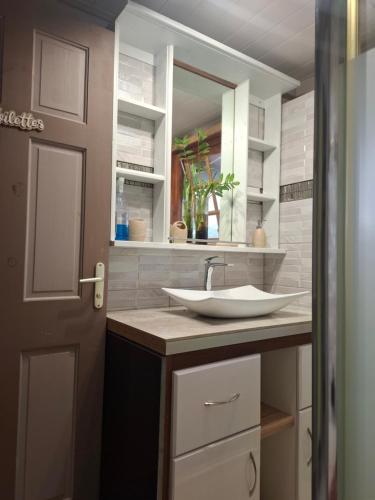 a bathroom with a sink and a mirror at Kay Lydie in Saint-Joseph