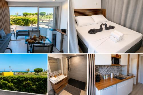 a hotel room with a bed and a view of the ocean at Le Refuge Marin - Vue Mer - Accès direct Plage - Terrasse - Climatisation - Place de Parking in Leucate-Plage