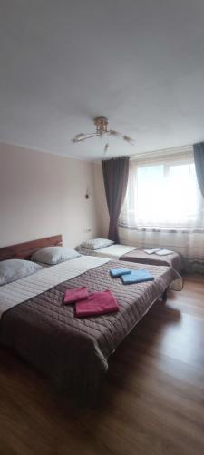 a bedroom with a bed with two towels on it at Arnika Tatariv in Tatariv