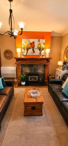 a living room with a couch and a fireplace at Urban Cottage in Masterton