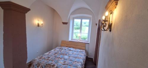 a bedroom with a bed and a window at Chateau de Gendersberg in Hanviller