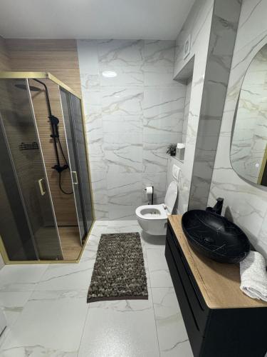 a bathroom with a toilet and a sink and a shower at Apartment Lumos in Ljubuški