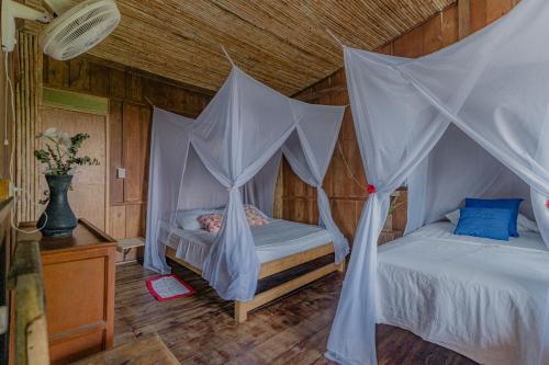 a bedroom with two beds with mosquito nets at Posada Villa Margarita in Los Naranjos