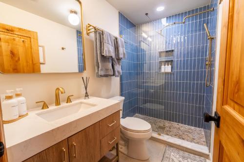 a bathroom with a toilet and a sink and a shower at Modern Designed Cabin with Secluded Backyard Firepit Grill Nintendo Switch2 in Gouldsboro