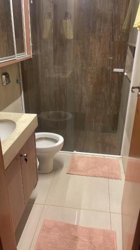 a bathroom with a shower and a toilet and a sink at Apartamento ao lado do Mercado Central Edifício Fidelis in Goiânia