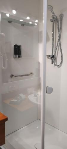 a shower with a glass door in a bathroom at TePopo Gardens Rural Retreat in Stratford