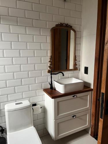 a bathroom with a sink and a toilet and a mirror at Recanto Bougainville ST in Santa Teresa