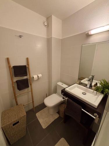 a bathroom with a toilet and a sink and a mirror at Studio Atoumo Marine 5 in Saint-François