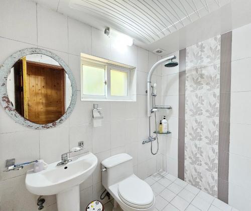 a bathroom with a toilet and a sink and a mirror at Long Beach Pension in Seogwipo