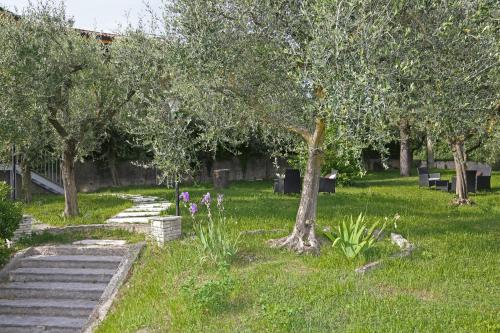 a garden with trees and stairs in the grass at Rooms ai Poggi in Bardolino