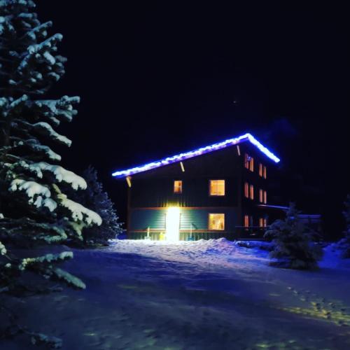 a building with lights on it in the snow at night at GROWL Lodge - Hot Tub & Mountain Views! in Golden