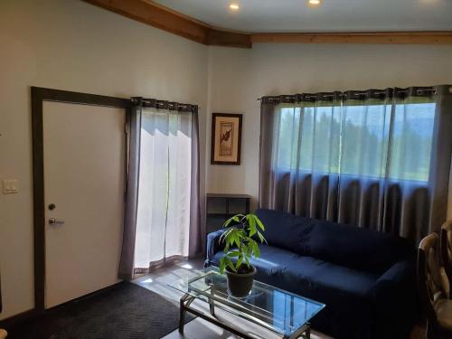 a living room with a blue couch and a glass table at Pine Marten Wilderness Cabin - Hot Tub & Mountain Views in Golden