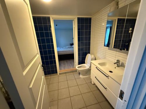 a bathroom with a toilet and a sink at Sjøveien 43 in Vestvågøya