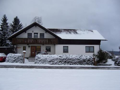 a house with snow on the ground in front of it at Ferienwohnung am Weissenstädter See in Weißenstadt
