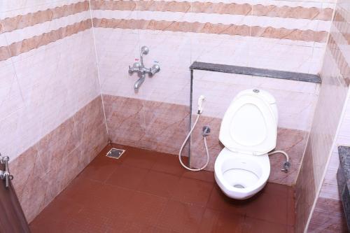 a bathroom with a toilet and a shower at Hotel Shoven in Dāvangere