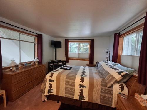 a bedroom with a bed and a sink and two windows at Hunter's Haven in Haines