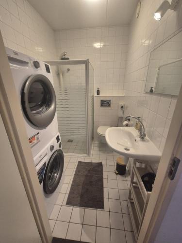 a bathroom with a washing machine and a sink at O21 Apartment in Amersfoort