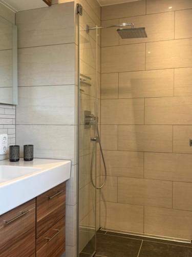 a shower with a glass door next to a sink and a counter at Haus Eifeldolomiten - Ankommen und Wohlfühlen in Gerolstein