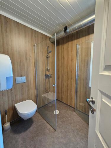 a bathroom with a toilet and a glass shower at Fossen Camping Fagernes in Døvre
