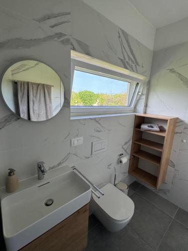 a bathroom with a toilet and a sink and a mirror at Villa Quartura in Kornić