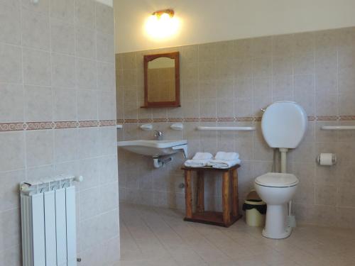La salle de bains est pourvue de toilettes et d'un lavabo. dans l'établissement Hosteria El Hoyo, à El Hoyo