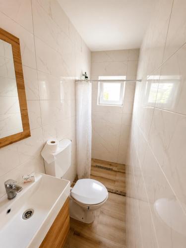 a white bathroom with a toilet and a sink at Apartman Harmony in Prijedor
