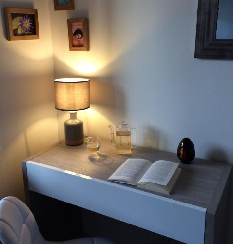 a table with a lamp and two books and a candle at Chambres d'hôtes de La Roche in Frossay