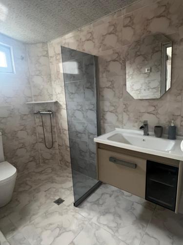 a bathroom with a shower and a sink at Vato Apartment in Kobuleti