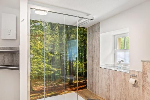a bathroom with a glass shower with a view of trees at Dommelhof Ferienwohnungen in Diemelsee