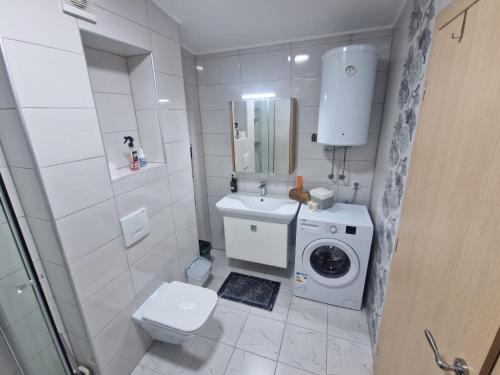 a bathroom with a toilet sink and a washing machine at Stan na dan Alisa Cazin in Cazin