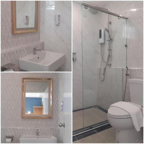 Zwei Bilder eines Badezimmers mit Toilette und Waschbecken in der Unterkunft Ceniq Hotel in Sathani Nakhon Lampang